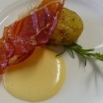 Potato-ball with zabajone and crispy ham